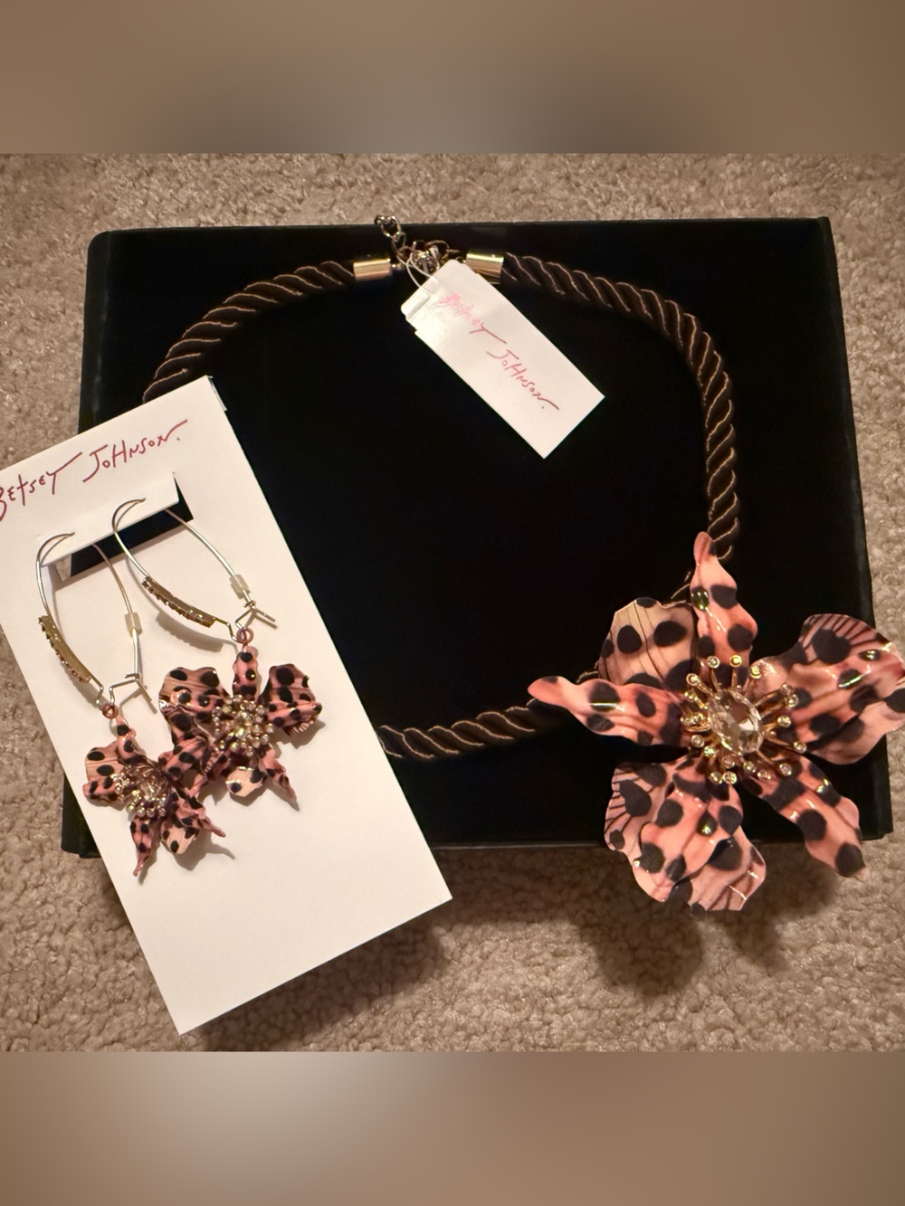 Betsey Johnson Pink Floral leopard set - earrings and necklace